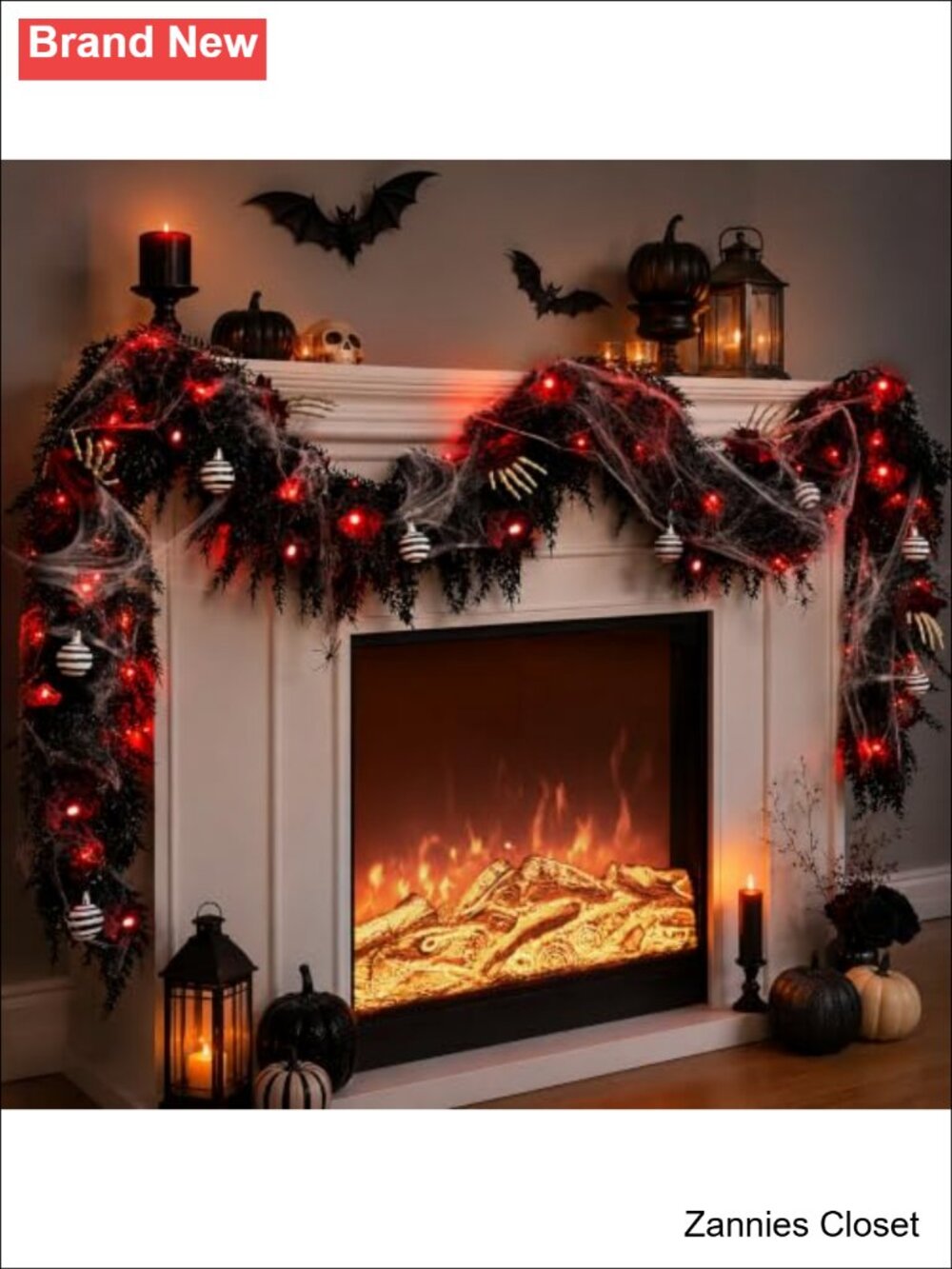 👻 Pre-Lit 9FT Halloween Garland 70 LED Lights Skeleton Roses Spider Web